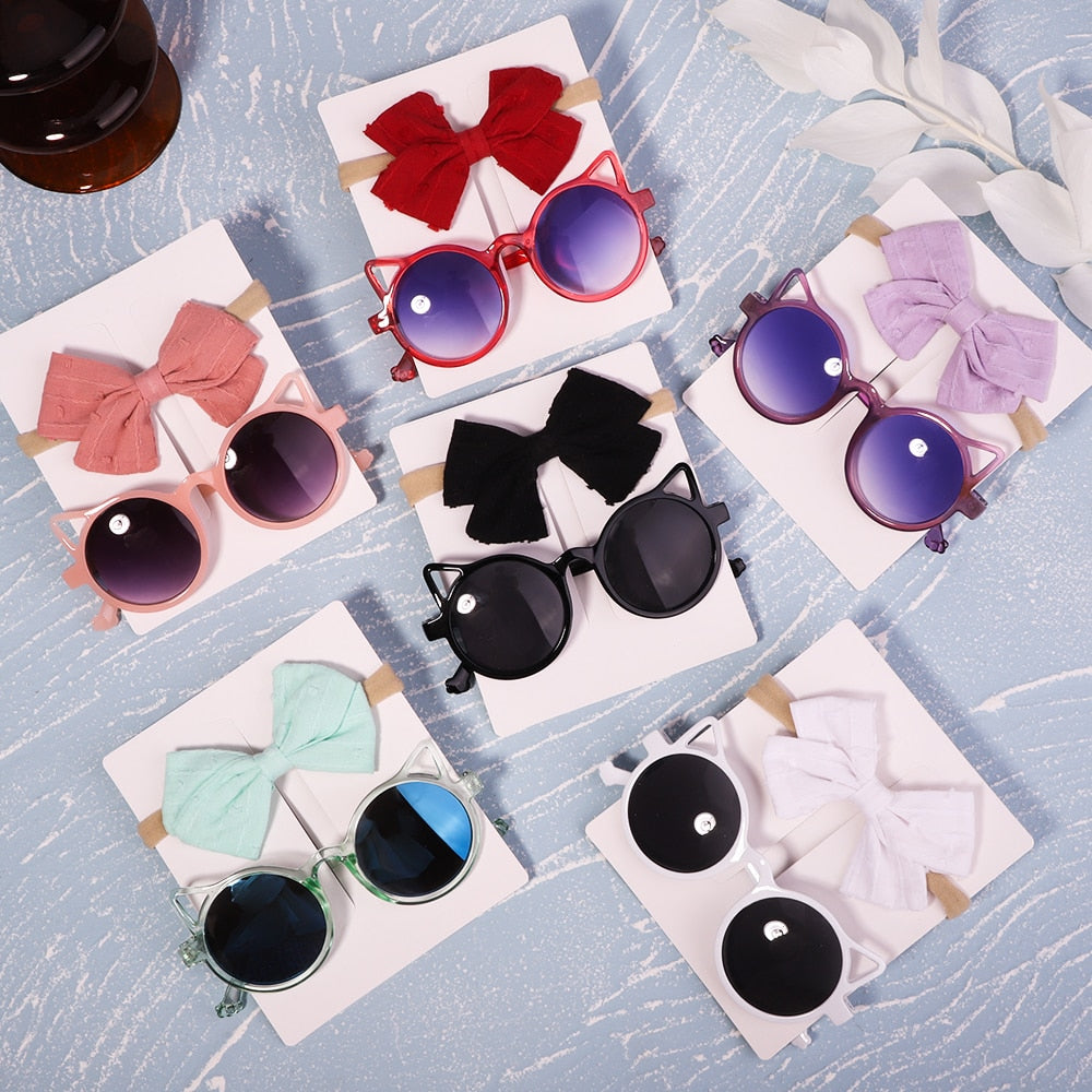2pcs/pack Vintage Kids Summer Bows Headband Round Sunglasses Children
