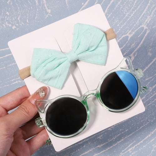 2pcs/pack Vintage Kids Summer Bows Headband Round Sunglasses Children