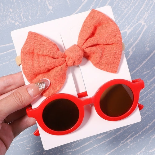 2pcs/pack Vintage Kids Summer Bows Headband Round Sunglasses Children