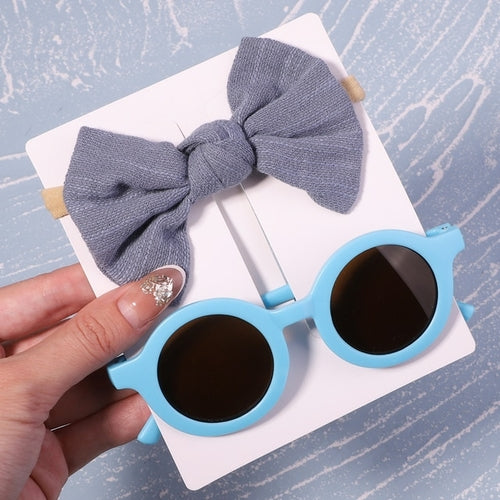 2pcs/pack Vintage Kids Summer Bows Headband Round Sunglasses Children