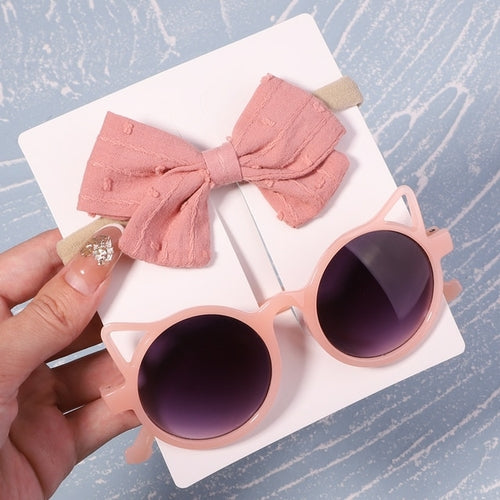 2pcs/pack Vintage Kids Summer Bows Headband Round Sunglasses Children