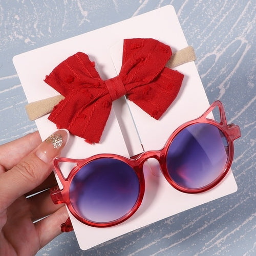 2pcs/pack Vintage Kids Summer Bows Headband Round Sunglasses Children