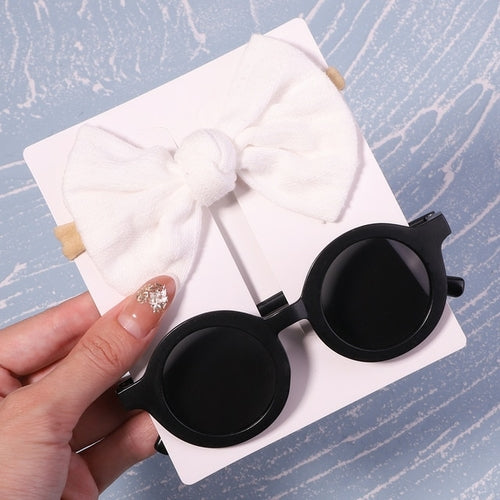 2pcs/pack Vintage Kids Summer Bows Headband Round Sunglasses Children