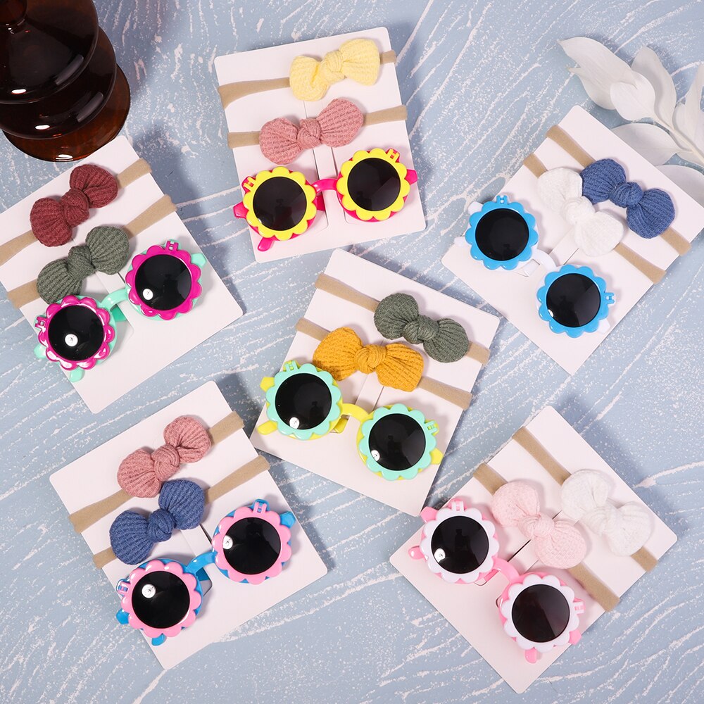 2pcs/pack Vintage Kids Summer Bows Headband Round Sunglasses Children